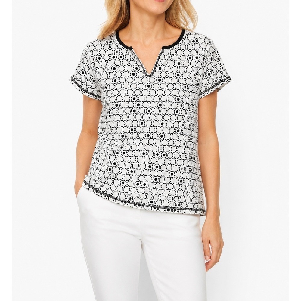 T by Talbots Womens MP White Black Geometric Circle Print Split Neck Tee Shirt